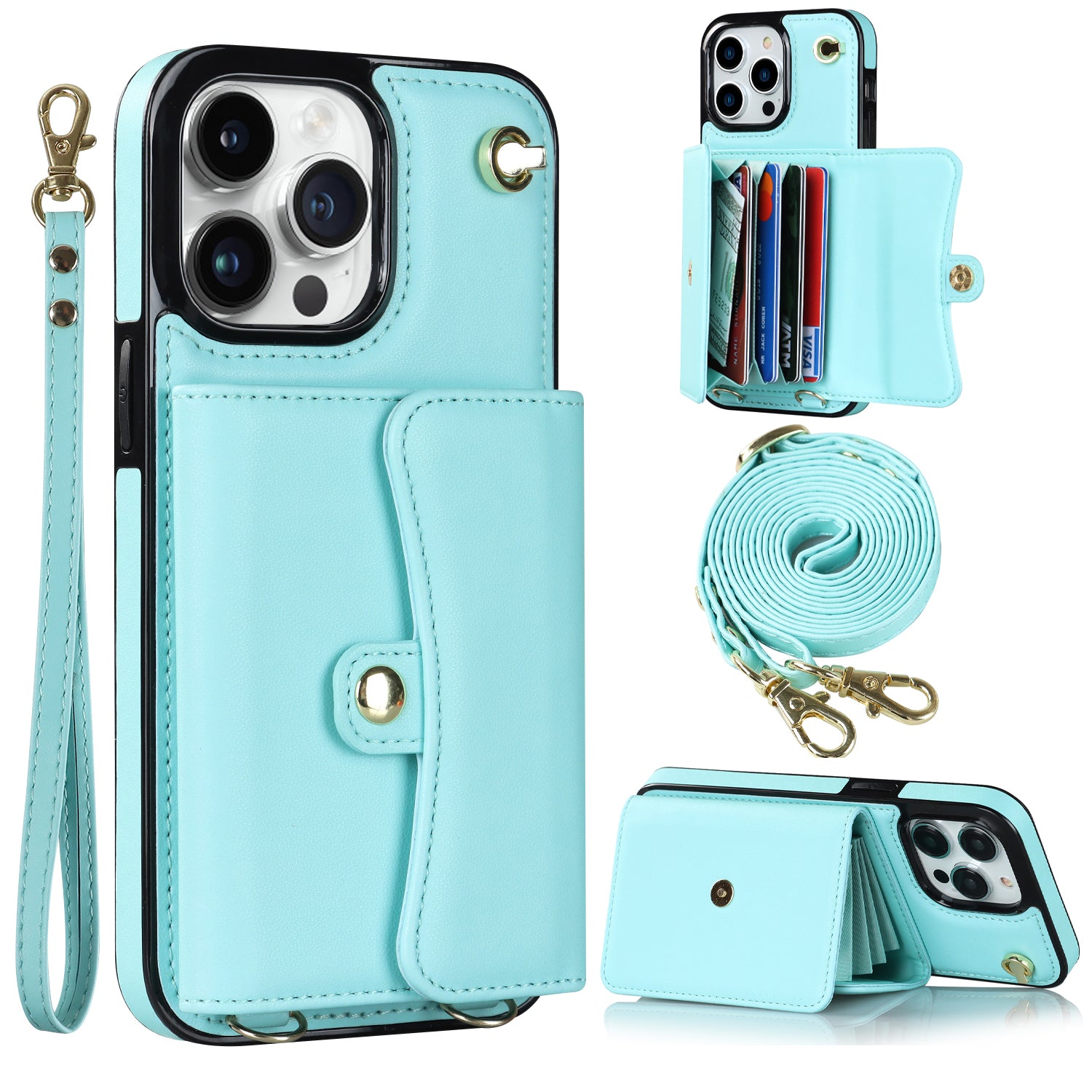 For iPhone 13 Pro 6.1 inch Kickstand Phone Case RFID Blocking Accordion Style Card Slots Cover with Short Strap and Long Strap For iPhone 13 Pro 6.1 inch Kickstand Phone Case RFID Blocking Accordion Style Card Slots Cover with Short Strap and Long Strap